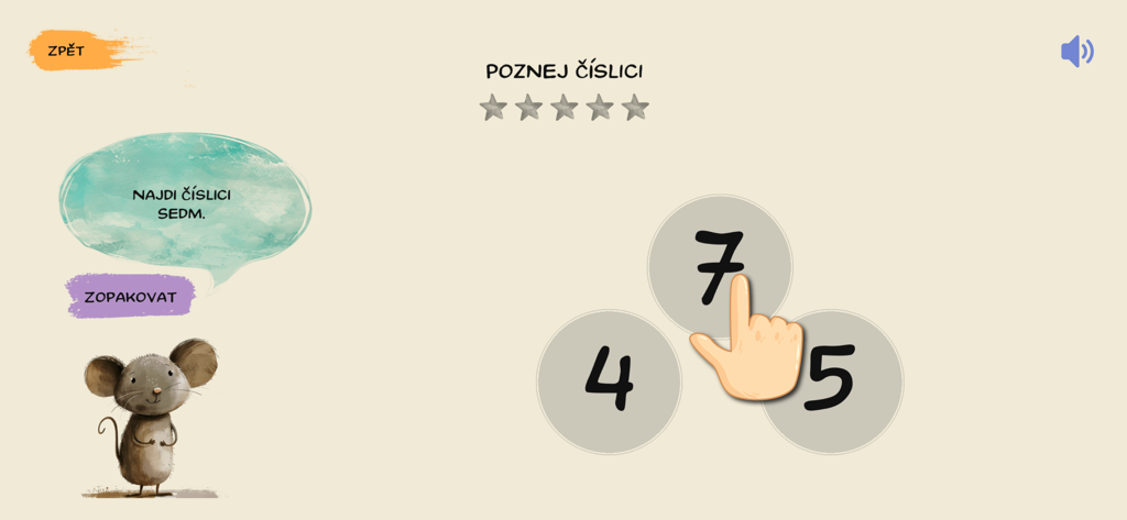 Školáček EDU - Un niño identificando el número siete en un juego de matemáticas educativo checo con un amigable personaje de ratón.