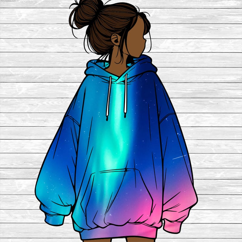 realistic girl with a oversized sweatshirt on and a bun