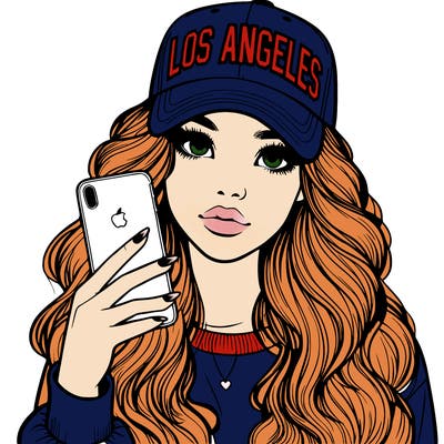 realistic beautiful girl wearing los ángeles cap holding an iphone