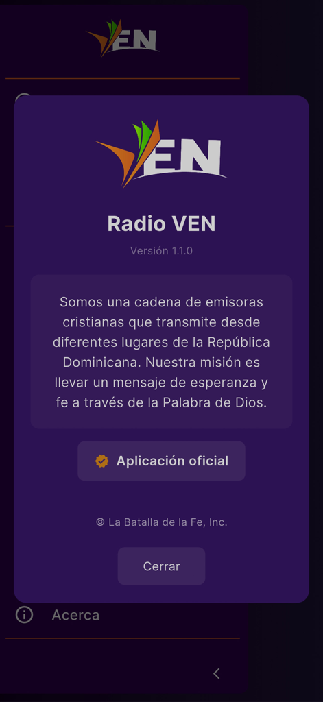 Pantalla "Acerca de" de la aplicación oficial de Radio VEN