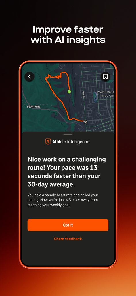 Strava mobile app interface displaying AI-powered Athlete Intelligence insights and a mapped workout route