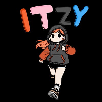 a girl running on a road with a hoodie and shorts and a text in the sky that says itzy