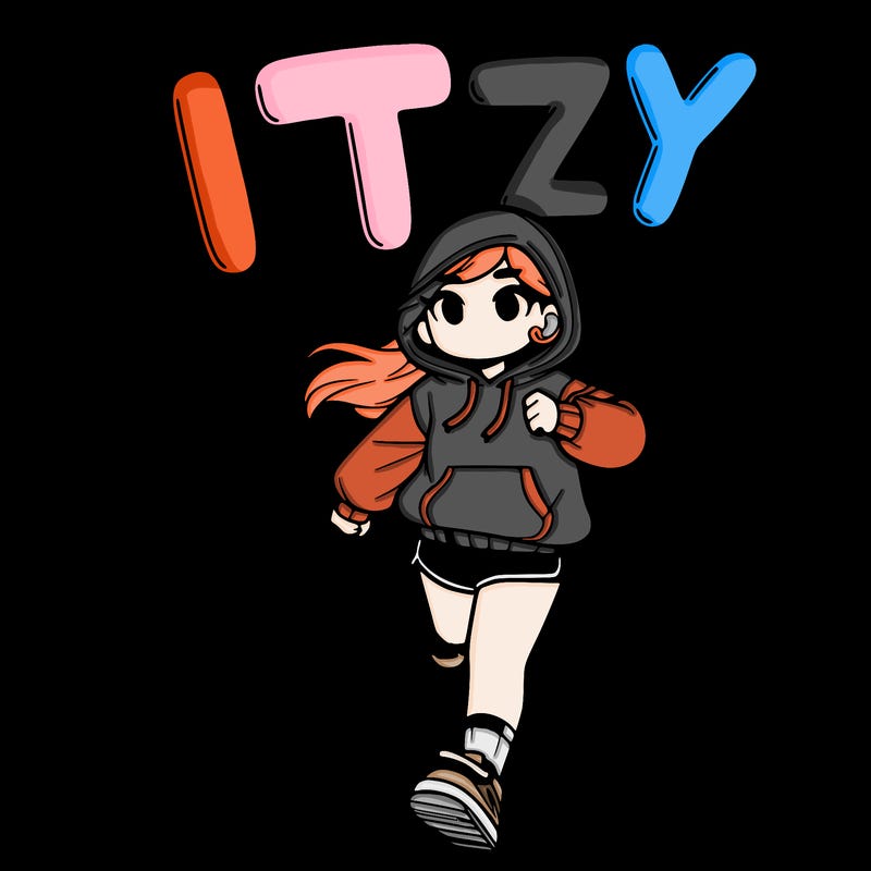 a girl running on a road with a hoodie and shorts and a text in the sky that says itzy