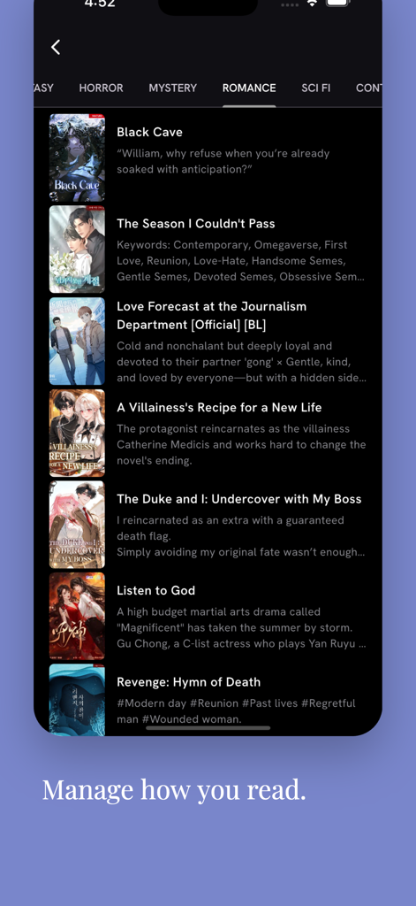 Bildschirm der Yoru Studios App, der eine Liste verschiedener Romance-Webnovels und -Geschichten anzeigt