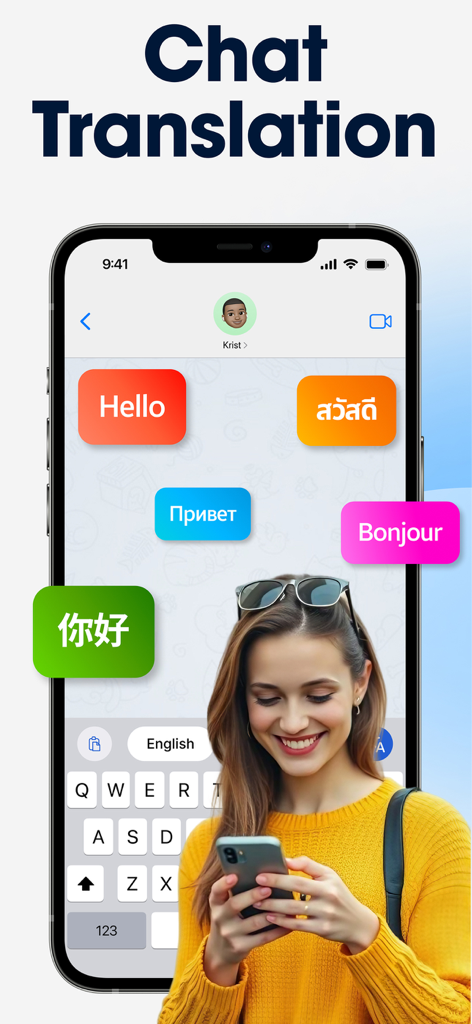 Frau benutzt die Translate Go App für die mehrsprachige Chat-Übersetzung mit KI-Tastatur.