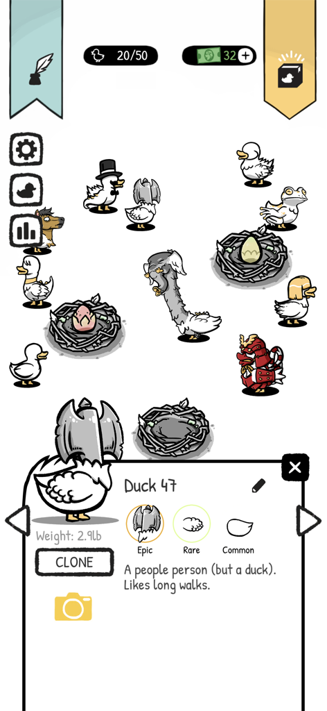 Gameplay screenshot of Clusterduck showing several mutated ducks and a detailed duck profile card.