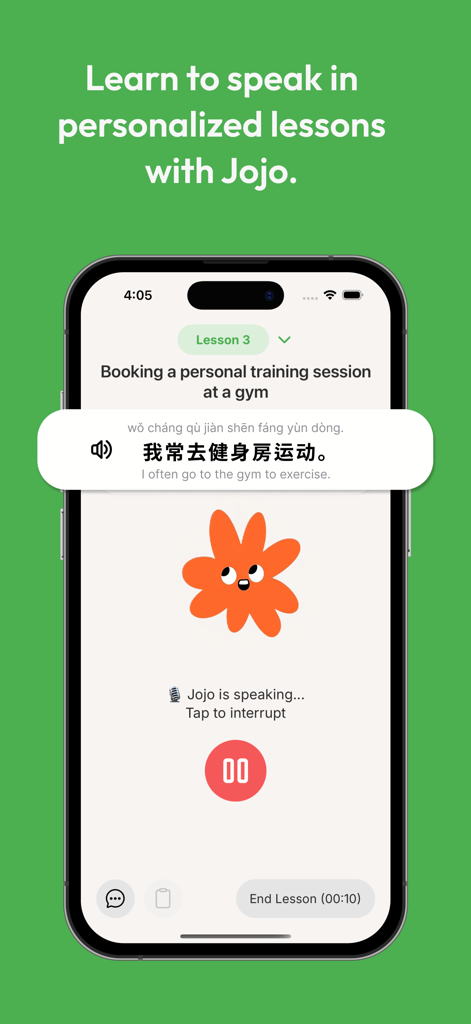 Jojo AI: Language Tutor - A smartphone screen displaying a personalized Chinese language speaking lesson within the Jojo AI app interface.