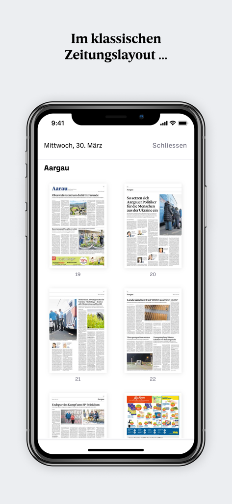Aargauer Zeitung E-Paper - Smartphone screen displaying the Aargauer Zeitung E-Paper in a traditional newspaper layout grid