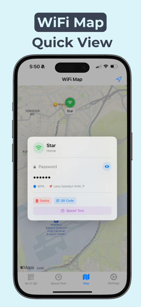 Smartphone screen showing the WiFily app with a map interface and a quick view card for a selected WiFi network