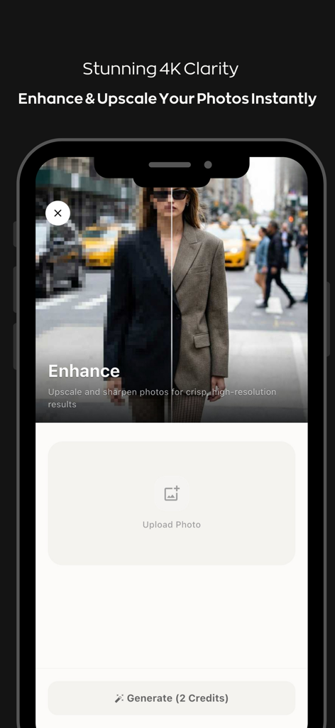 AI Fashion Studio Maker:Fashio - Interface of the Fashio app showing the AI tool used to enhance and upscale low-resolution fashion photos into high-quality 4K images.