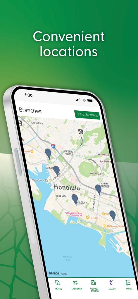 Mobile app screen showing American Savings Bank branch locations in Honolulu Hawaii