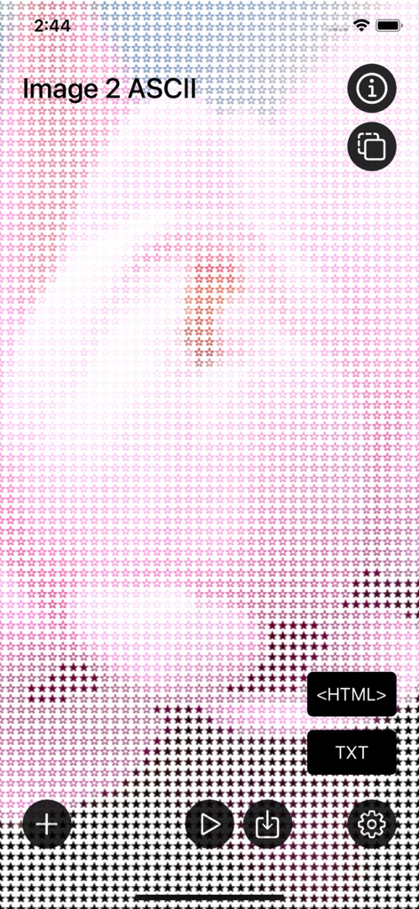 Interfaz de la aplicación Imagen a Arte ASCII que muestra una foto renderizada con coloridos caracteres de estrellas y opciones de exportación.