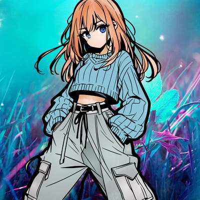 anime teen girl with baggy pants and crop top with sweater