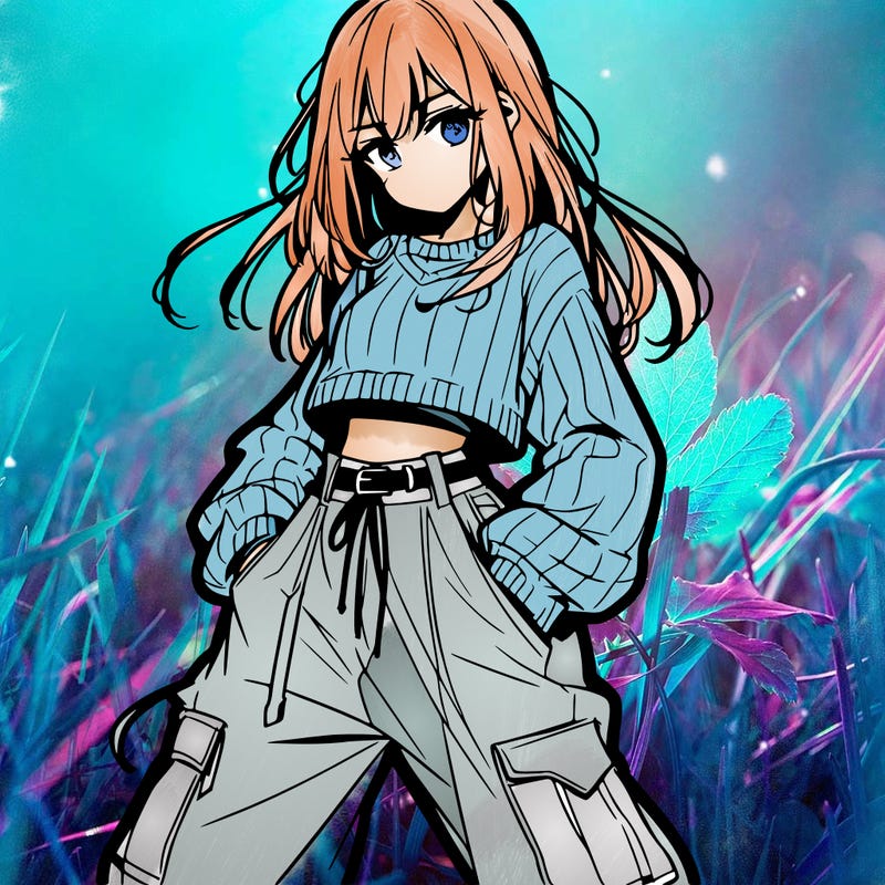 anime teen girl with baggy pants and crop top with sweater