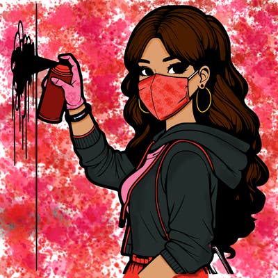 realistic girl with mask spray painting a wall