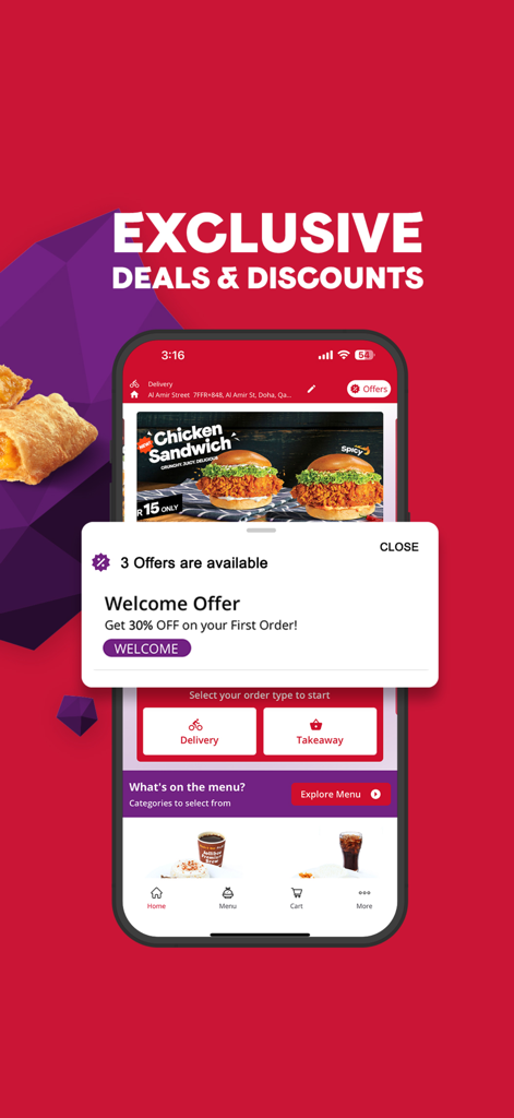 Jollibee Qatar - Jollibee Qatar mobile app interface displaying an exclusive 30 percent discount welcome offer for first-time orders