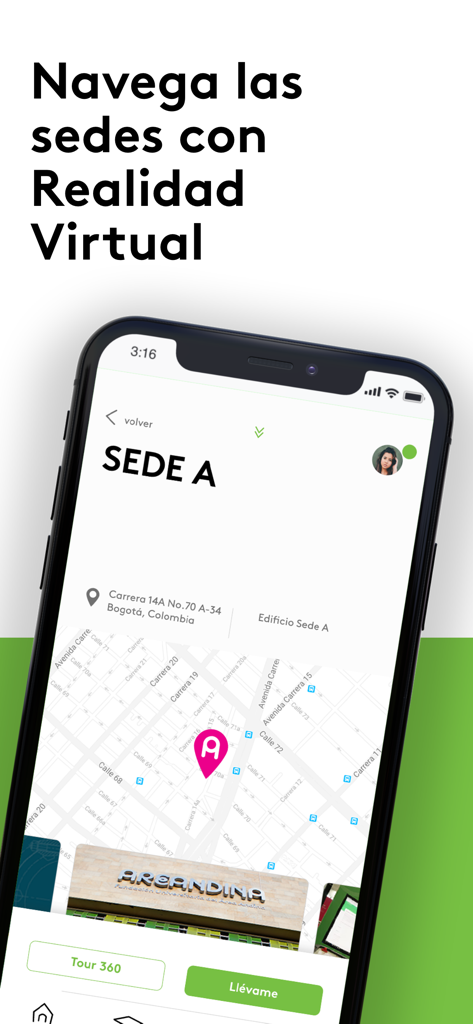 Areandina APP - Areandina app campus navigation screen with map and virtual tour button
