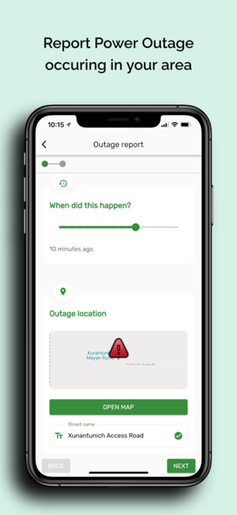 BEL 24-7 - Une interface mobile de l'application BEL 24-7 montrant un formulaire pour signaler une panne de courant avec sélection de l'heure et du lieu.