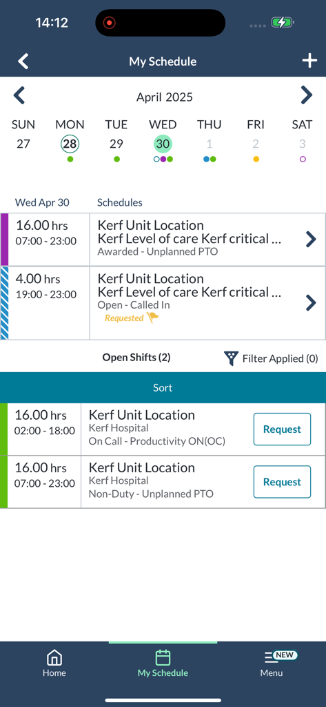 symplr Workforce - Mobile interface of the symplr Workforce app displaying a monthly calendar and available open shifts for healthcare professionals