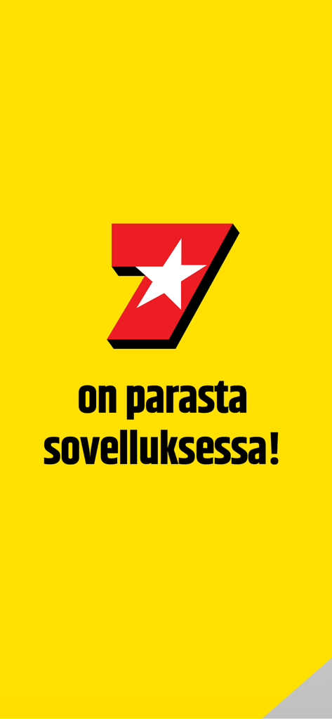 Seiska app introductory screen with red number seven logo on yellow background
