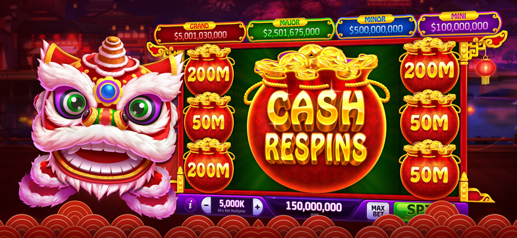 A screenshot of Cash Respin Slots showing the Fu Lion Dance machine and massive jackpot amounts