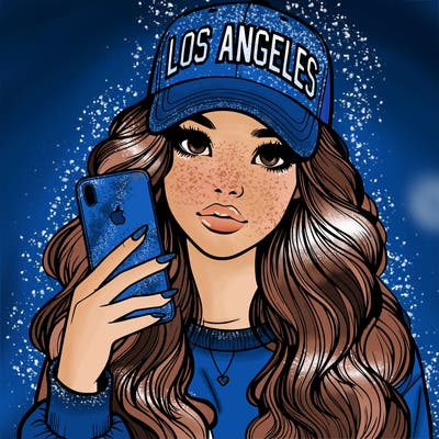 realistic beautiful girl wearing los ángeles cap holding an iphone