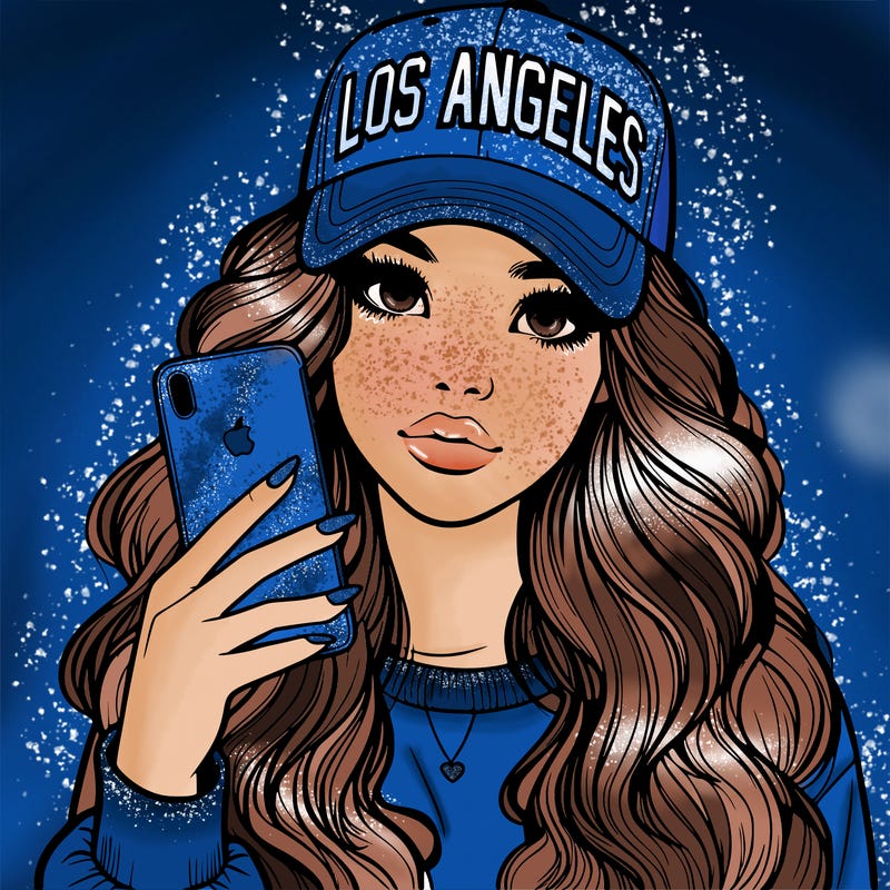 realistic beautiful girl wearing los ángeles cap holding an iphone