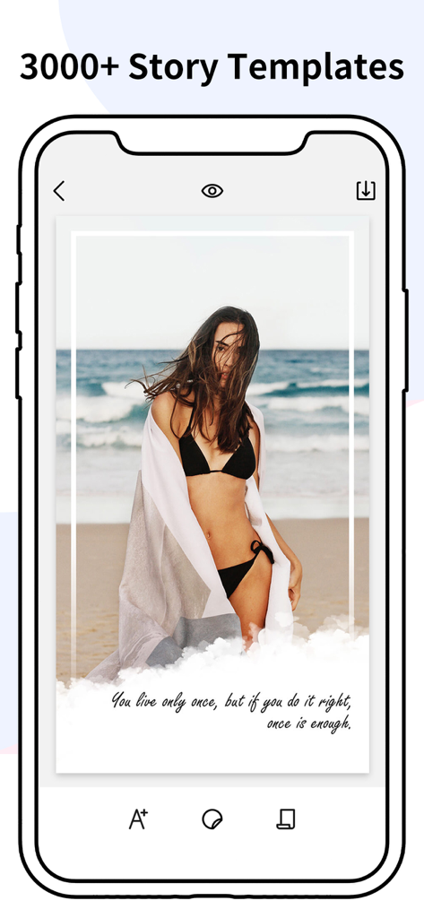 A smartphone screen showing an aesthetic Instagram story template with a beach photo and inspirational text.