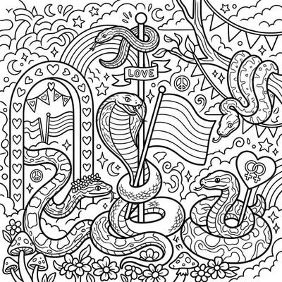 Embrace diversity and creativity with this unique coloring page featuring snakes celebrating Pride Month. Designed specifically for teens, it's packed with symbols of love, community, and intricate patterns.