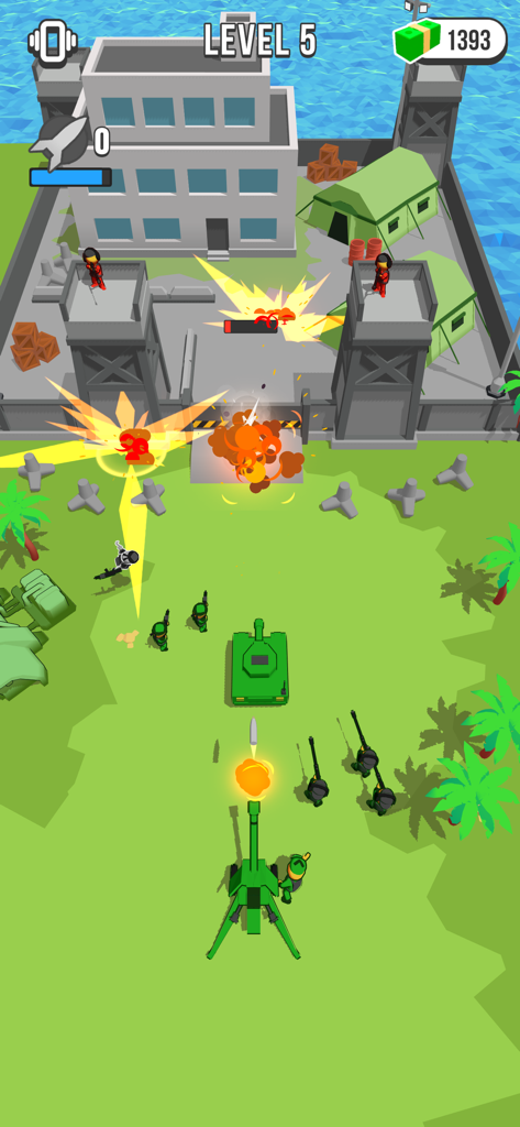 Epic Army Clash - Gameplay screenshot of Epic Army Clash showing green tanks and soldiers attacking an enemy military base with explosions