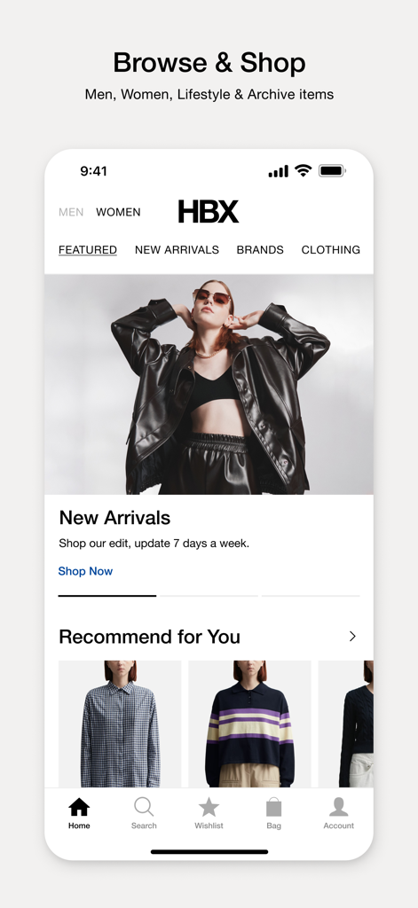 HBX | Globally Curated Fashion - L'écran d'accueil de l'application mobile HBX présente les nouveautés et les recommandations de mode streetwear de luxe.