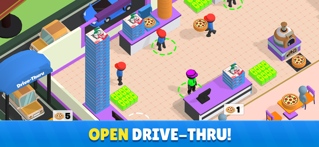 Idle Pizza Tycoon Shop Game - An isometric view of a pizza shop interior in Idle Pizza Tycoon featuring a drive-thru lane and staff managing orders.
