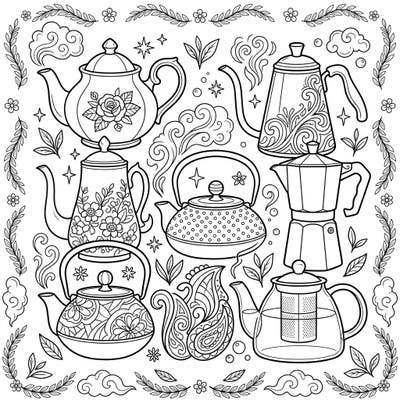Unwind with this delightful coloring page showcasing a charming collection of teapots, coffee pots, and kettles. Each vessel features unique designs, nestled among whimsical steam and floral accents, promising a serene coloring experience.