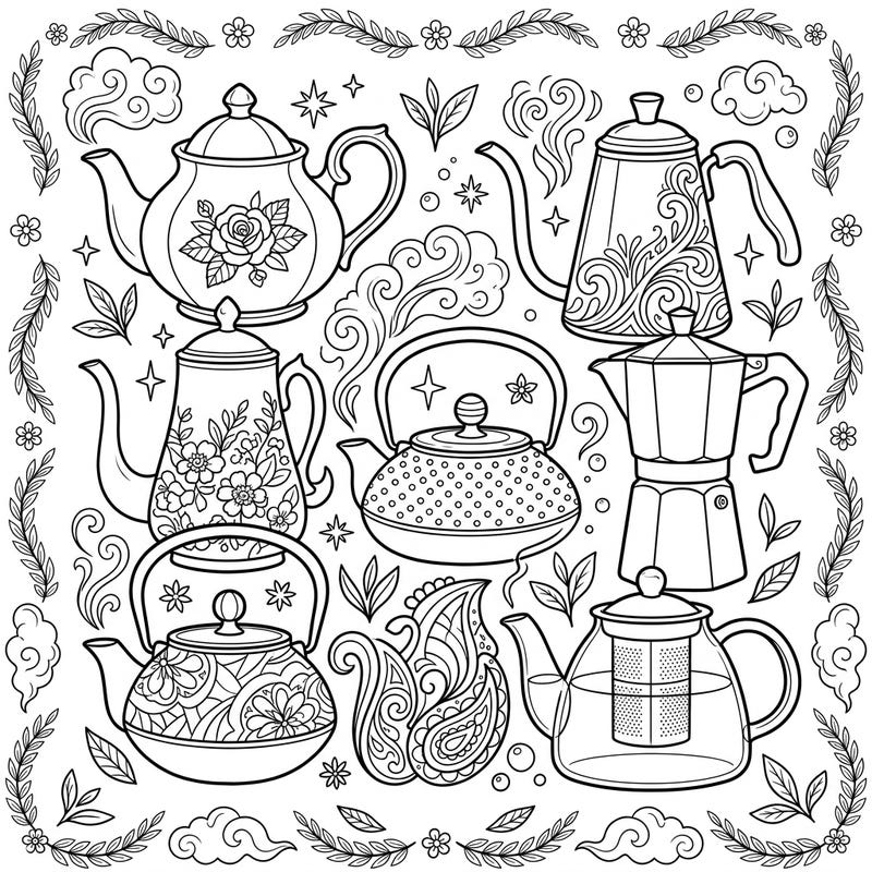 Unwind with this delightful coloring page showcasing a charming collection of teapots, coffee pots, and kettles. Each vessel features unique designs, nestled among whimsical steam and floral accents, promising a serene coloring experience.