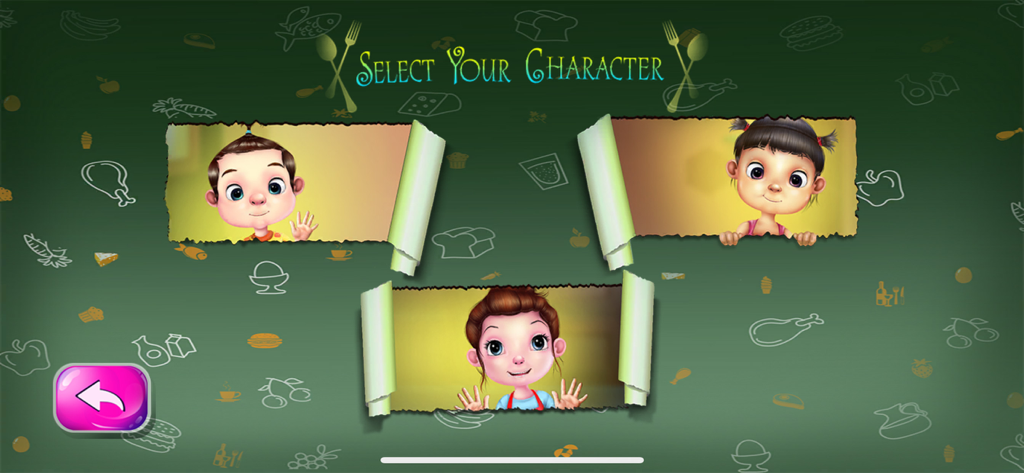 Cooking Chef: Master Kitchen - Schermata di selezione del personaggio con tre bambini cartone animato nell'app Cooking Chef Master Kitchen