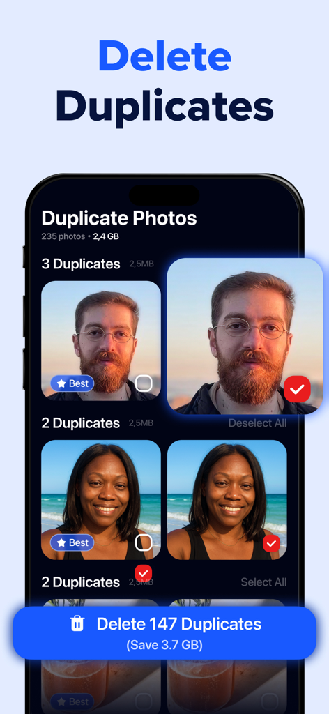 Cleaner AI: Photo Cleanup - Uno schermo di smartphone che mostra l'app Cleaner AI che identifica e seleziona foto duplicate da eliminare per risparmiare spazio di archiviazione del telefono.