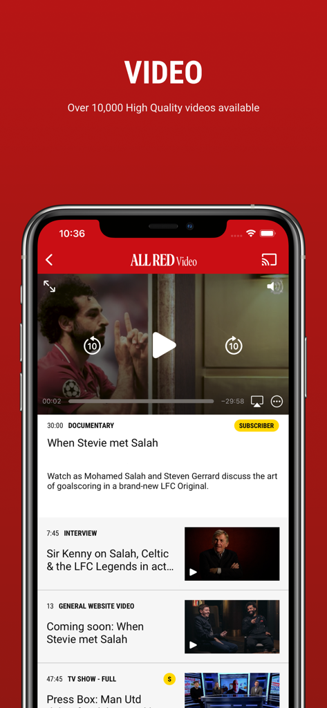 ALL RED Video Official App - Interface of the ALL RED Video app showing documentary and interview content about Liverpool FC players
