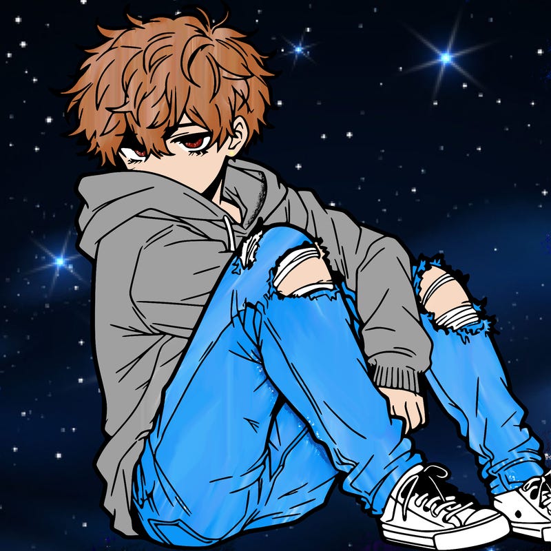a male hoddie ripped jeans messy hair anime