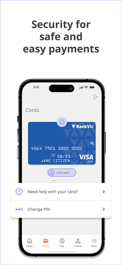 BankVic app screen showing a digital Visa Debit card with options to lock the card and change the PIN for enhanced security