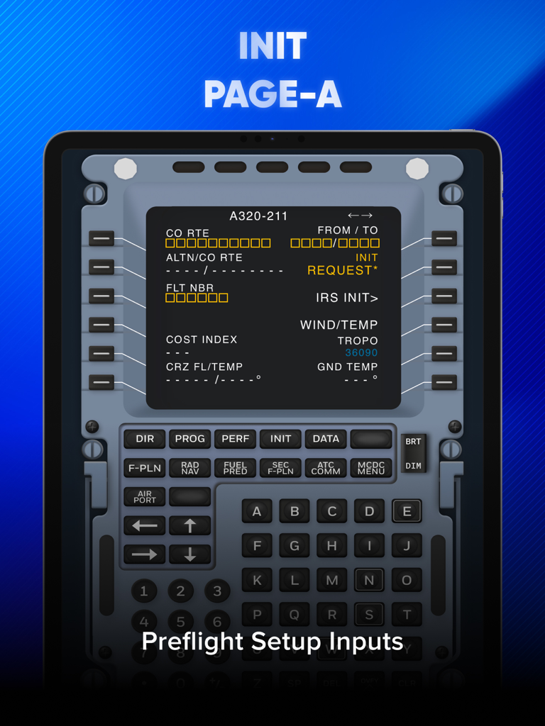 Interfaz del Airbus A320 FMS que muestra la configuración previa al vuelo de la Página de Inicialización A
