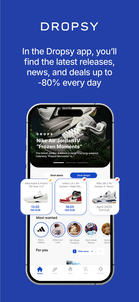 Dropsy: deals,sneakers,fashion - Dropsy mobile app interface showing the latest sneaker drops and fashion deals