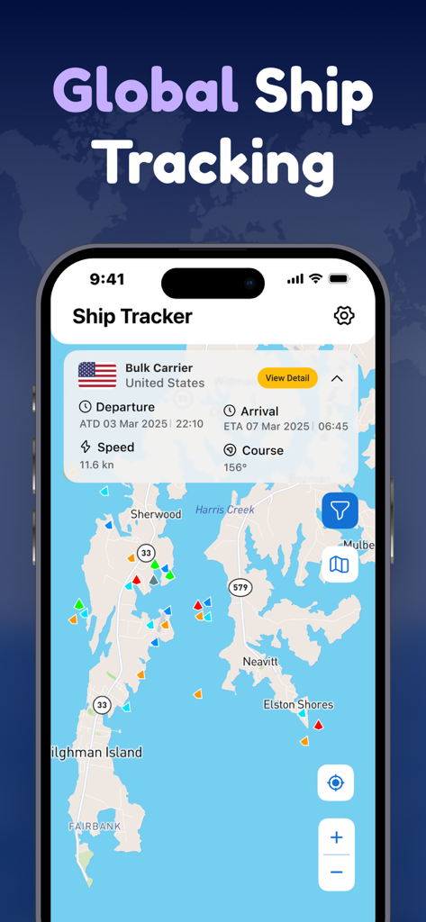 Mobile App-Oberfläche, die Echtzeit-Schiffsverfolgung auf einer Karte mit detaillierten Schiffsinformationen zeigt