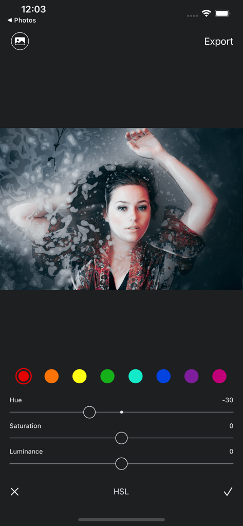 Luca - Photo Editor & Filters - Interface do editor de fotos Luca mostrando ferramentas profissionais de ajuste de cor HSL