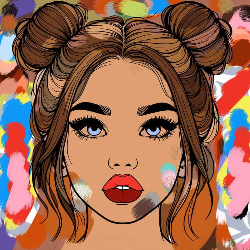 realistic girl with two buns on her hair and lips