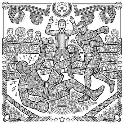 Dive into the intense world of professional boxing with this dramatic adult coloring page, featuring a powerful moment where a boxer is knocked to the canvas. Unleash your creativity by adding vibrant colors to the intricate patterns and detailed scene of this epic match.