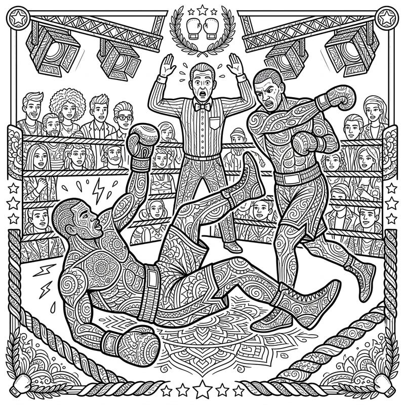 Dive into the intense world of professional boxing with this dramatic adult coloring page, featuring a powerful moment where a boxer is knocked to the canvas. Unleash your creativity by adding vibrant colors to the intricate patterns and detailed scene of this epic match.