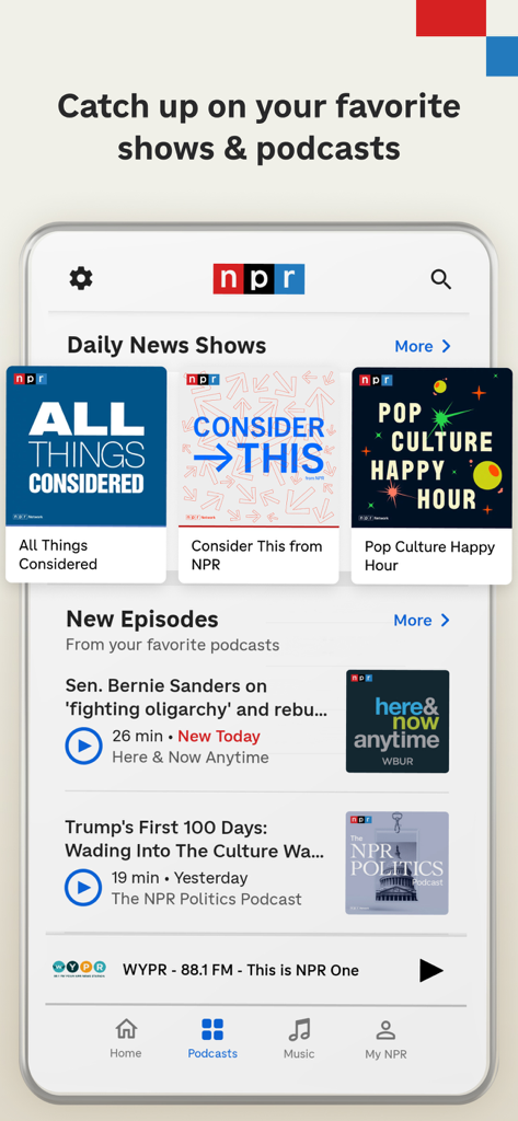 NPR app interface showing podcast shows and new episodes