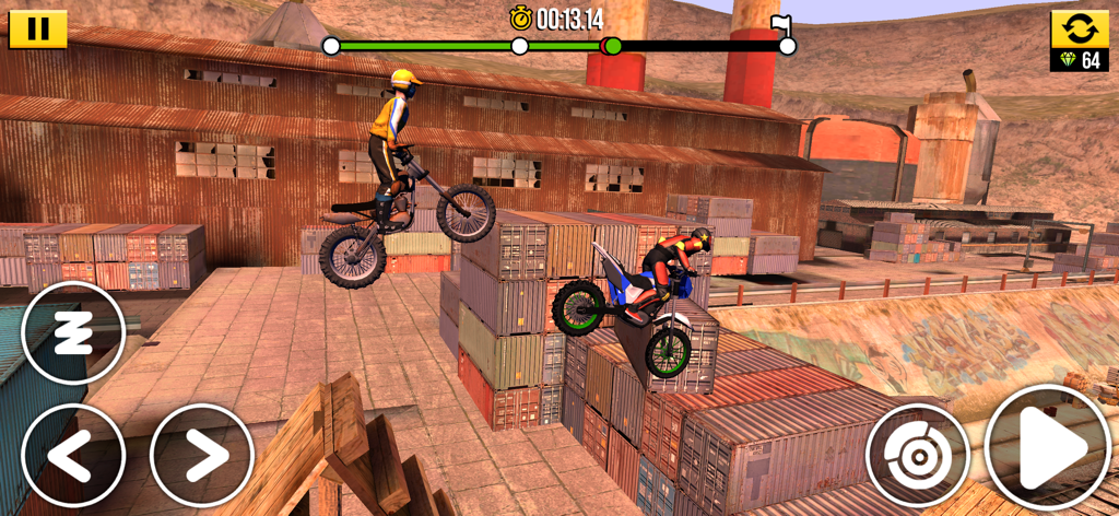 Trial Xtreme Legends - Dos pilotos de dirt bike realizando acrobacias sobre contenedores de envío en Trial Xtreme Legends