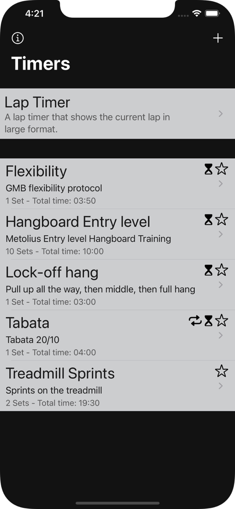 Intervals Timer - A list of custom workout timers including flexibility tabata and treadmill sprints