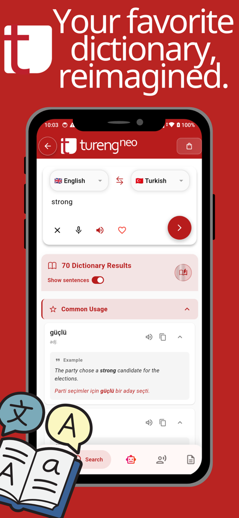 Tureng Neo - Tureng Neo app interface showing English to Turkish translation results for the word strong with example sentences.
